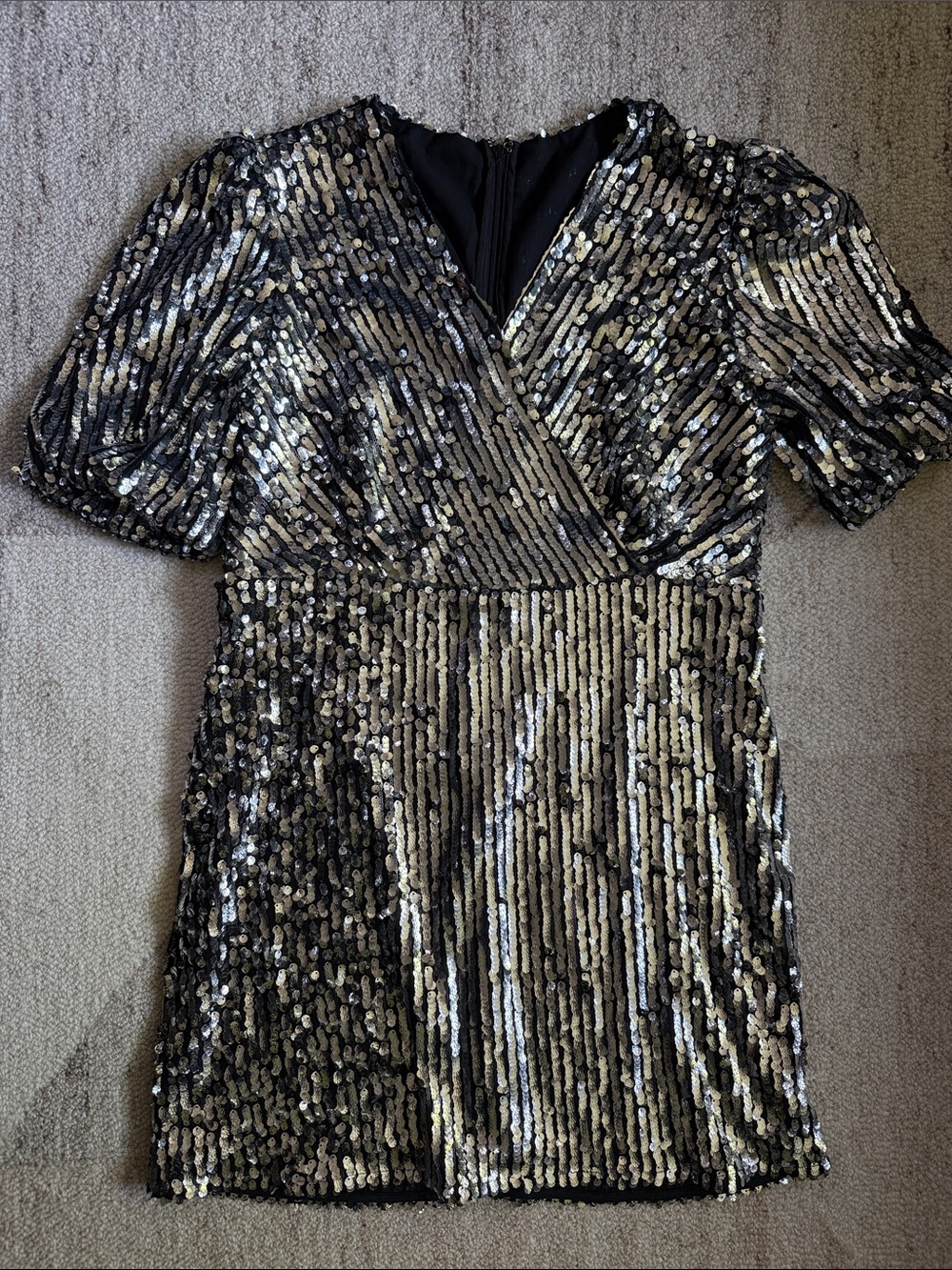 Black and Silver Sequin Wrap Mini Dress